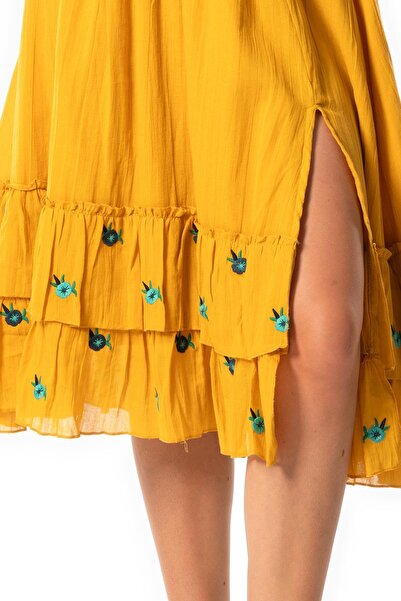 Eliş Şile Bezi Lavinya Vual Lastik Detaylı Nakışlı Yazlık Crop Bluz Hardal Hrd