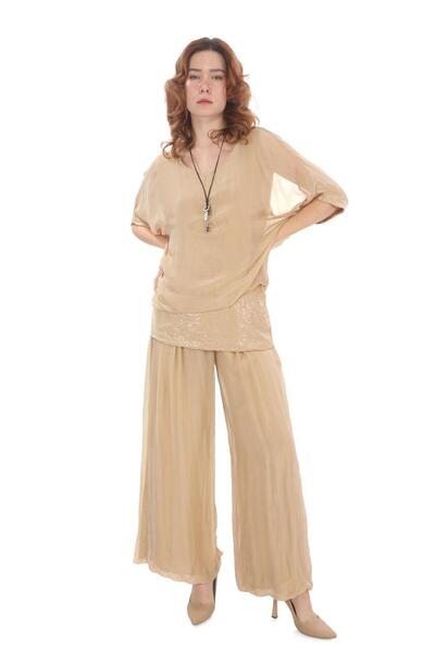 Bohem Stil Italian Bat Sleeve Sequined Silk Blouse Pants Set