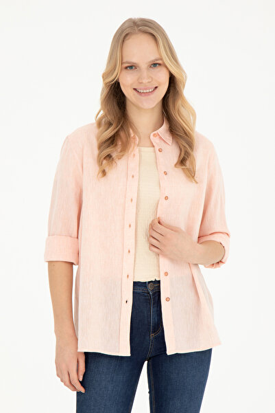 U.S. Polo Assn. قميص سالمون نسائي أساسي بأكمام طويلة 50283991 -VR047