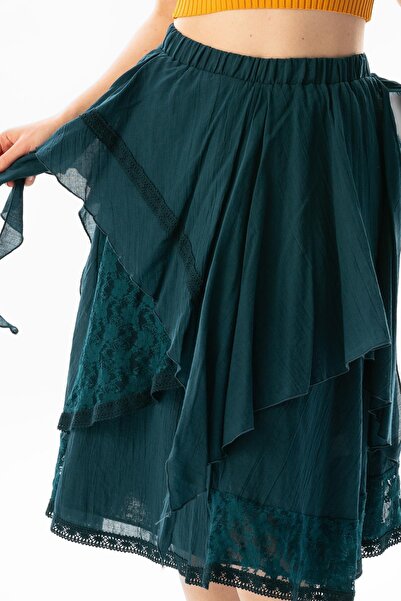 Eliş Şile Bezi Salkım Vual Dantelli Saçaklı Uzun Yazlık Otantik Etek Petrol Ptrl