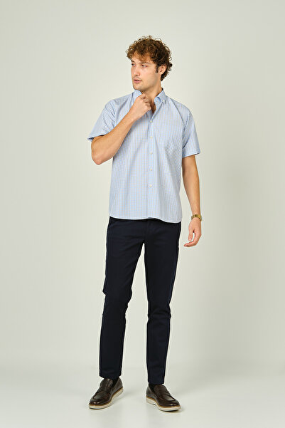 MUGİ Mugi Чоловіча - Однокишенькова, на ґудзиках, короткорукавна бавовняна сорочка 3002 Синя