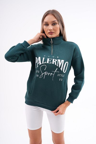 ŞİMAL Γυναικείο φούτερ με τρεις κλωστές - εμπριμέ γιακά, μισό φερμουάρ, λεπτομέρεια τσέπης 245129