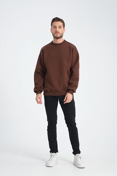 3 ROPE Unisex Καφέ Oversize Crew λαιμόκοψη 3 νημάτων Basic βαμβακερό φούτερ με φλις εσωτερικά