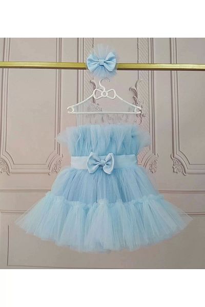 ELLUSSİ Girl's Baby Blue Transparent Top Front Bow Detailed Belted Fluffy Dress
