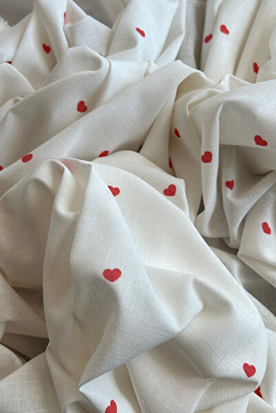 Doray Kumaş Minik Kalp Desenli Pamuk Keten Kumaş / DRY 148