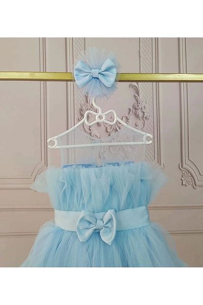 ELLUSSİ Girl's Baby Blue Transparent Top Front Bow Detailed Belted Fluffy Dress