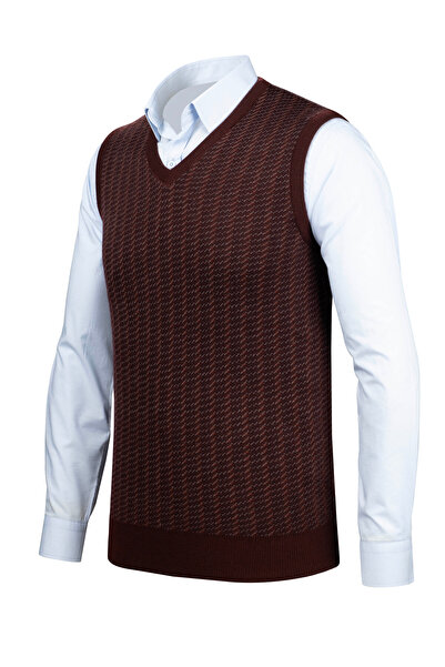 Çizgi Triko Чоловічий светр з V-подібним вирізом та смужками - кольоровий візерунок, сталеве плетіння, класичний крій - 5010H