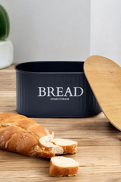 hemlife Metal Bread Bowl with Wooden Lid, Bread Box Black