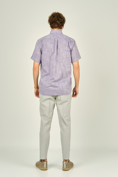 MUGİ Mugi ανδρικό μοτίβο μονή τσέπη κοντομάνικο 100% βαμβακερό πουκάμισο 3024 μωβ