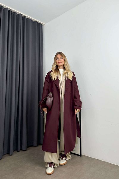 Sue Store معطف صوف كبير الحجم مبطن بحزام وأزرار باللون العنابي