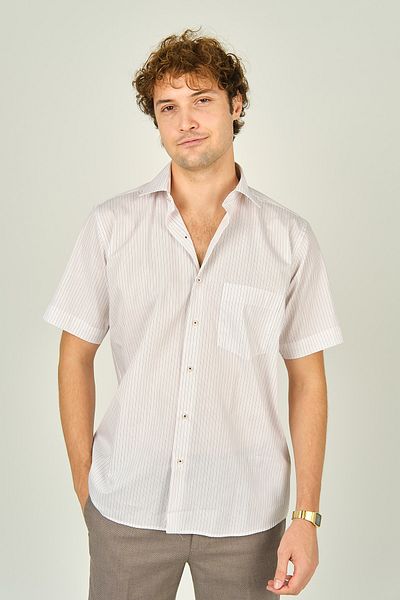 MUGİ Men's Striped Red Mugi Shirt - 100% Cotton, Single Pocket, Short Sleeve 2003 Model