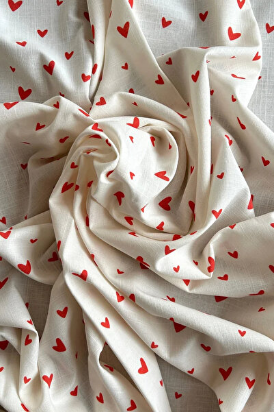 Doray Kumaş Kalp Desenli Pamuk Keten Kumaş / DRY 07
