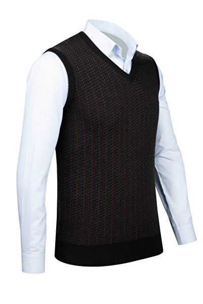 Çizgi Triko Men's V-Neck Line Knitwear Sweater - Colorful Patterned, Steel Knit, Classic Fit - 5010H