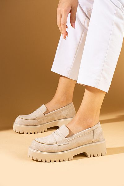 Pembe Potin Γυναικεία Μπεζ Nubuck Loafer Moccasin Casual Buckle Daily άνετα παπούτσια σόλας
