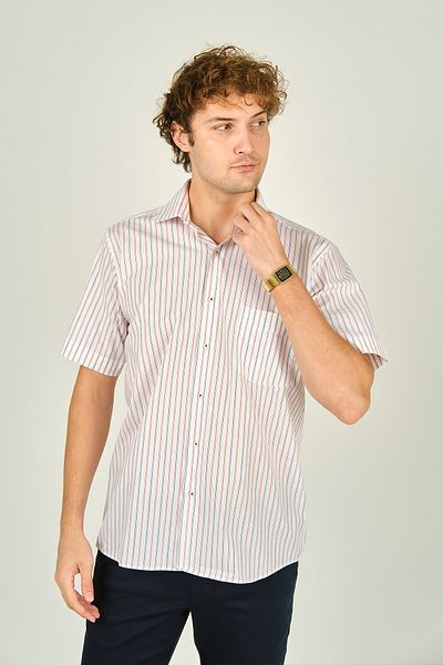 MUGİ Mugi Men's Red Striped Cotton Shirt - Single Pocket, Short Sleeve 2001 Model