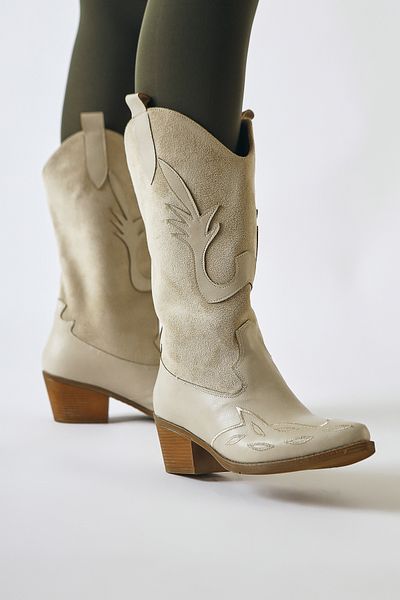 Limoya Maily Beige Suede Λεπτομερείς κεντημένες γυναικείες μπότες Western με μυτερή μύτη, γυναικεία μποτάκια