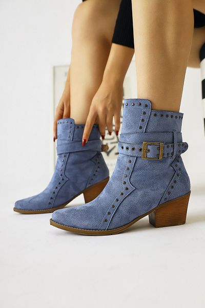 Limoya Дамски ботуши Torin Blue Suede Western - с шипове, извити и заострени върхове