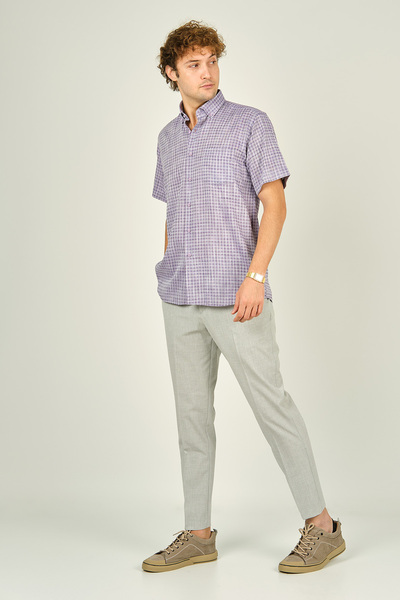 MUGİ Mugi ανδρικό μοτίβο μονή τσέπη κοντομάνικο 100% βαμβακερό πουκάμισο 3024 μωβ