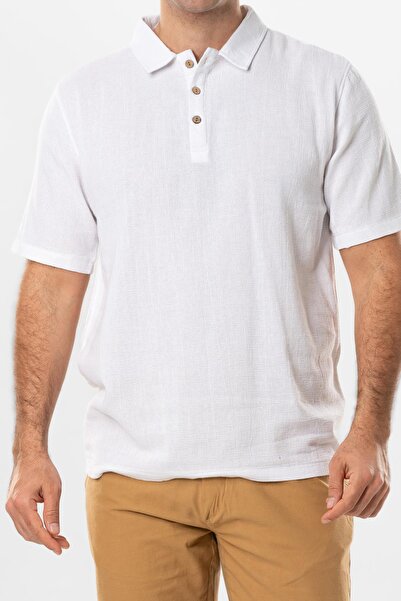 Eliş Şile Bezi Ανδρικό καλοκαιρινό μπλουζάκι με κοντό μανίκι Foça Buttoned White Byz