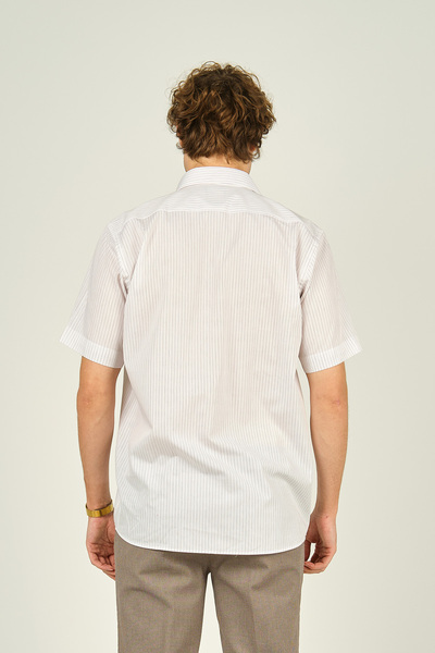 MUGİ Men's Striped Red Mugi Shirt - 100% Cotton, Single Pocket, Short Sleeve 2003 Model