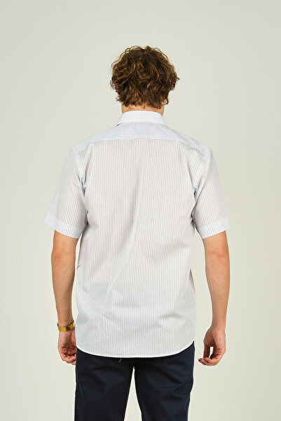MUGİ Mugi Чоловіча - 100% бавовняна сорочка в смужку з короткими рукавами 2003 Синя, з однією кишенею