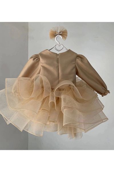 ELLUSSİ Girl's Beige Pearl Rose Detailed Extra Fluffy Dress