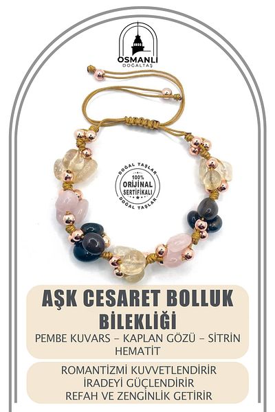 OSMANLI DOĞAL TAŞ Pink Quartz and Hematite String Bracelet with Ladder Closure - Citrine Eye Abundance Courage