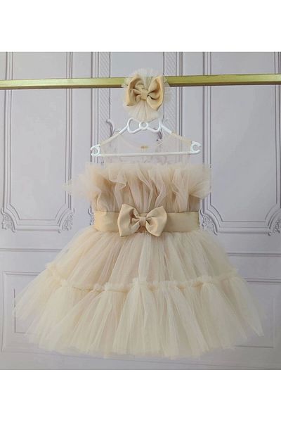 ELLUSSİ Beige Girl's Fluffy - Transparent, with Belt and Front Bow Detail