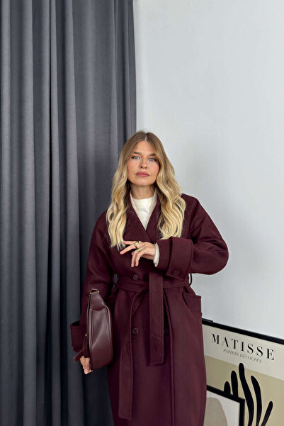 Sue Store Burgundy Double Breasted Lined Belted Buttoned Oversize Wool Coat