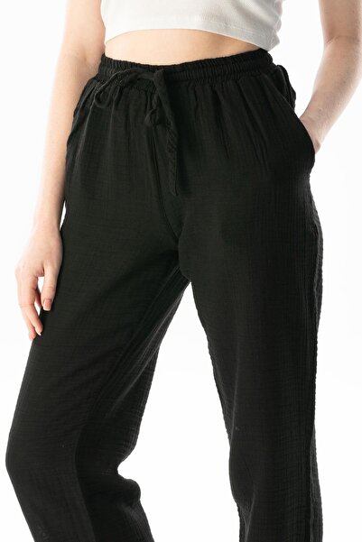 Eliş Şile Bezi Γυναικείο καλοκαιρινό παντελόνι Muslin Waist Laced Double Pocket Μαύρο Syh