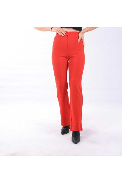 NEVEGE BUTİK High Waist Lycra Crepe Palazzo Trousers - Front Grass, Red