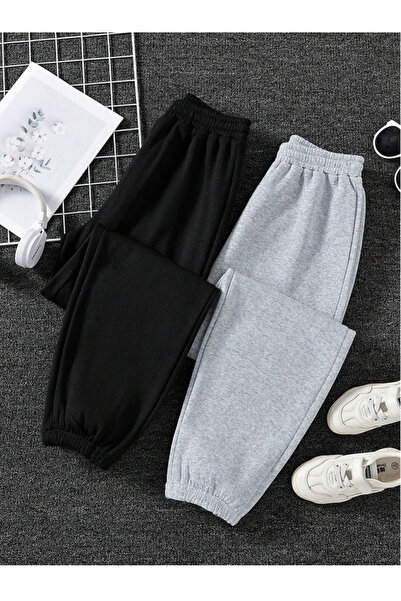 yx yustex sport 2'li SiyahGri 2 İplikten Mevsimlik Unisex Bay-Bayan Eşofmanlar