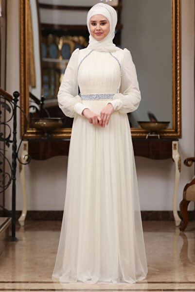 DENİMİNİ Piliseli Tül Taş Detaylı Büyük Beden Tesettür Abiye Elbise DNMSN40