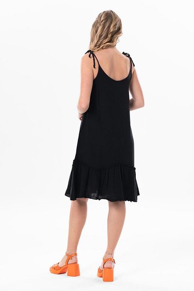 Eliş Şile Bezi Strappy Serra Flounced Κοντό καλοκαιρινό μουσελίνα φόρεμα μαύρο Syh