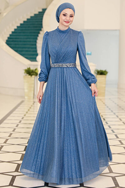 DENİMİNİ Eteği Piliseli Simli Tüm Büyük Beden Tesettür Abiye Elbise DNMSN44