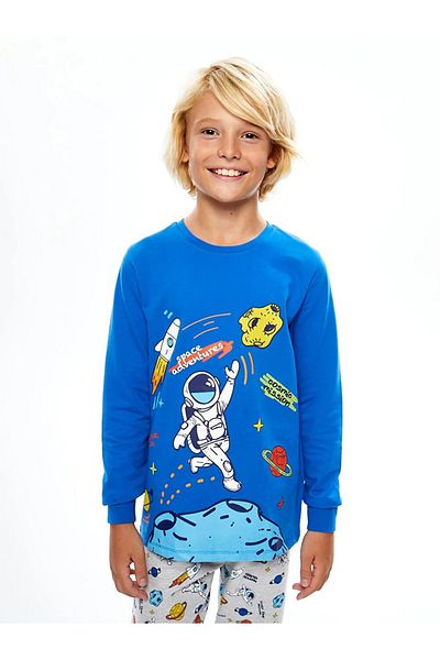 LC Waikiki Dark Blue Crew Neck Printed Long Sleeve Boy's Pajamas Set