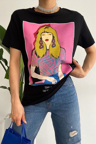 FEMELLE Tricou de damă negru cu gât cu imprimeu 100% bumbac
