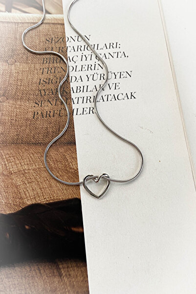 roshel Çelik Gümüş Renk İnce Zincir Kalpli Çelik Kolye
