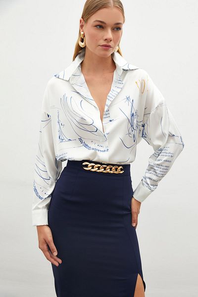 Sateen Cămașă lejeră cu model ALBASTRU SAX