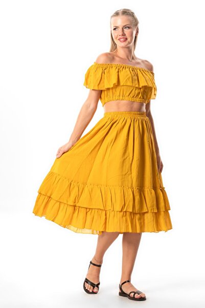 Eliş Şile Bezi Lavinya Mustard Colored Long Summer Skirt - Elastic Waist