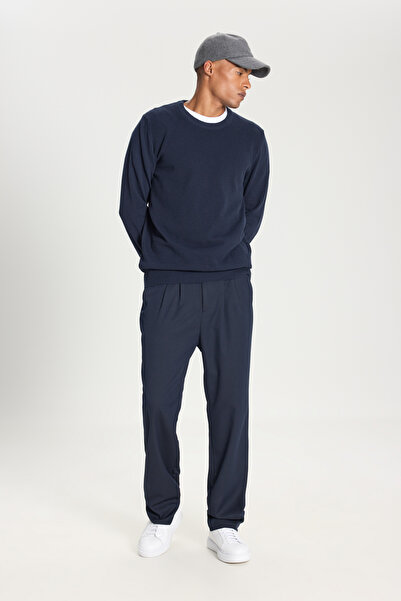 ALTINYILDIZ CLASSICS Erkek Lacivert Pamuklu Standart Fit Normal Kesim Bisiklet Yaka Jakarlı Triko Kazak