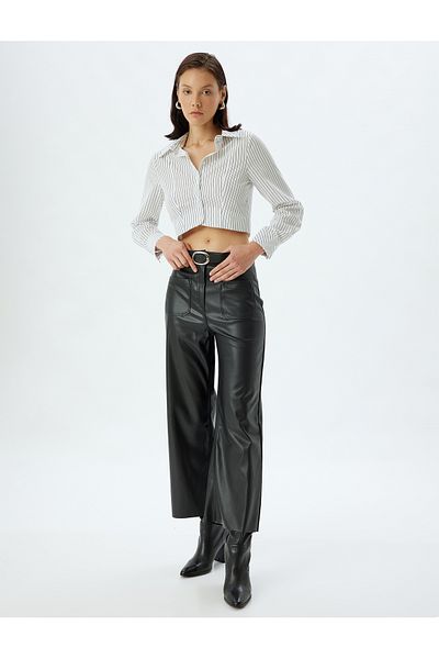 Koton Faux Leather Trousers with Wide Leg and Applique Pocket Detail