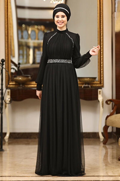 DENİMİNİ Piliseli Tül Taş Detaylı Büyük Beden Tesettür Abiye Elbise DNMSN40