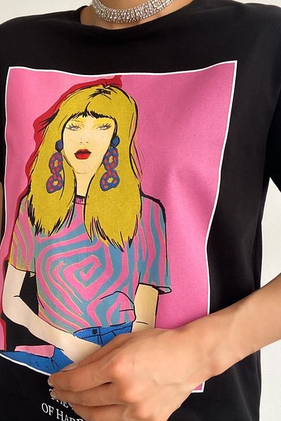 FEMELLE Tricou de damă negru cu gât cu imprimeu 100% bumbac