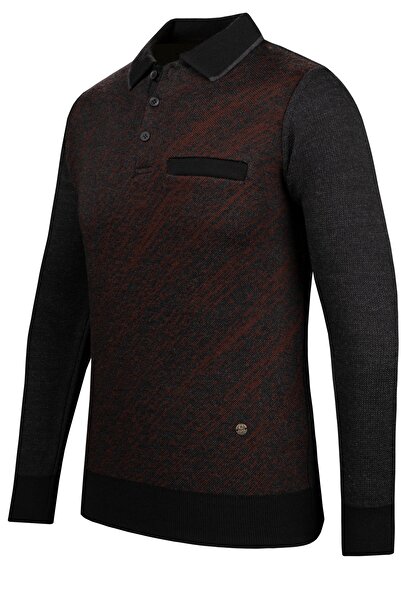 Çizgi Triko Men's Polo Collar Striped Knitwear Sweater - Patterned Sleeves and Waist Elastics, Steel Knit Classic Fit - 5012F