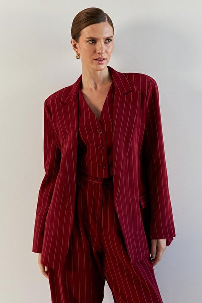 YOUR NAME Смугастий жіночий піджак в бордову смужку великого розміру