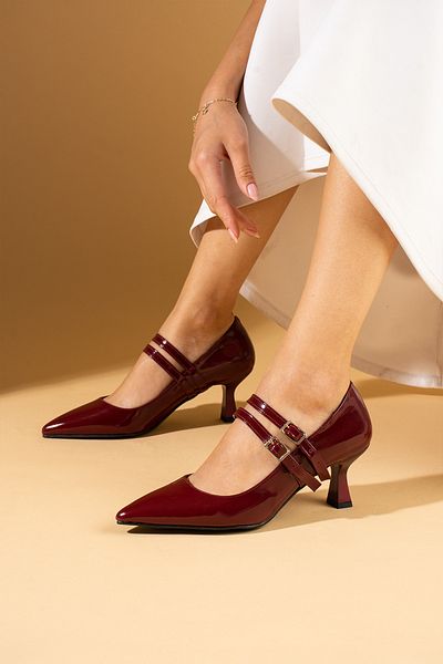Pembe Potin Women's Claret Red Patent Leather Double Striped Marj Jane Classic Heel Shoes