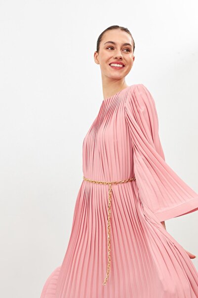 Setre Powder Pleated Detailed Belted Comfortable Fitted Dress