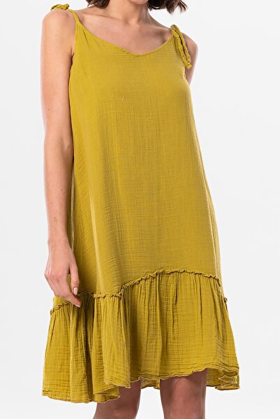 Eliş Şile Bezi Strappy Serra Flounced Short Summer Muslin Dress Oil Green Ygysl