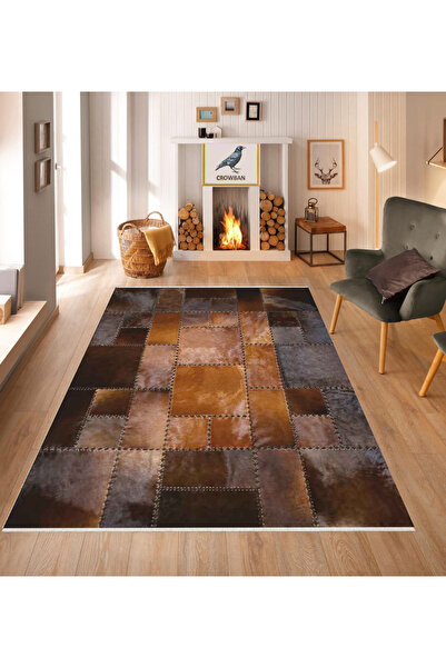CROWBAN Deri Görünümlü Halı Kaymaz Taban Makinada Yıkanabilir Salon Halısı Bo...